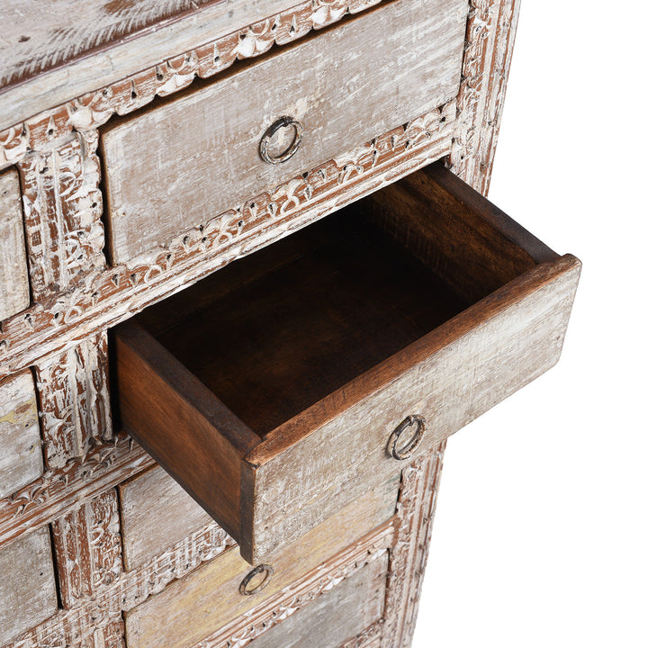 Drawer Detail From Reclaimed Teak Chest Of Drawers With Ten Drawers And Hand Carved Detailing In Distressed White Finish | Indigo Antiques