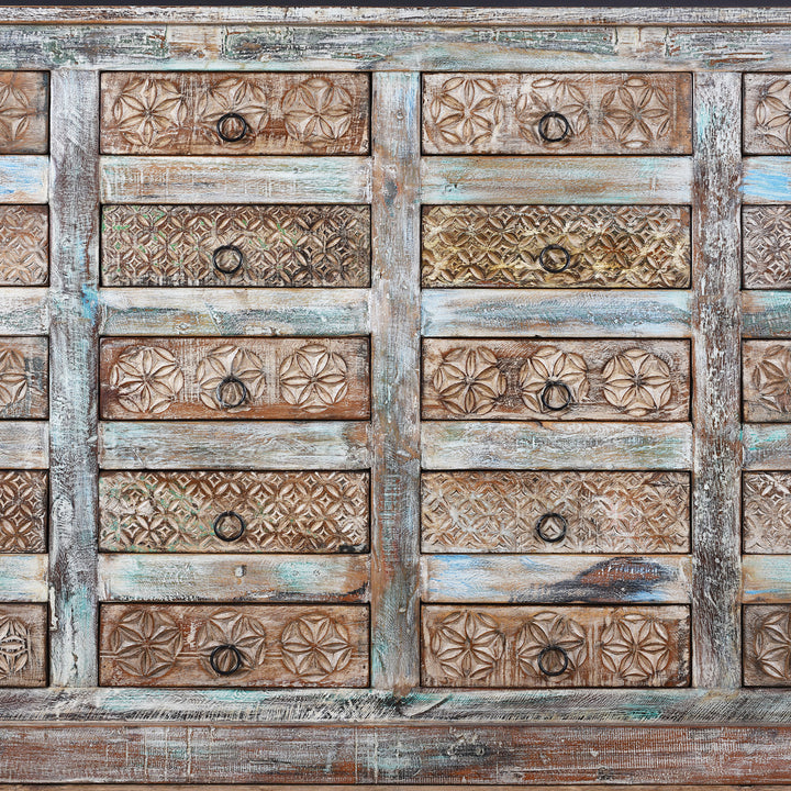 Drawers Detail From Reclaimed Teak Chest Of Drawers With Distressed Paint And Twenty Hand Carved Drawer Fronts | Indigo Antiques