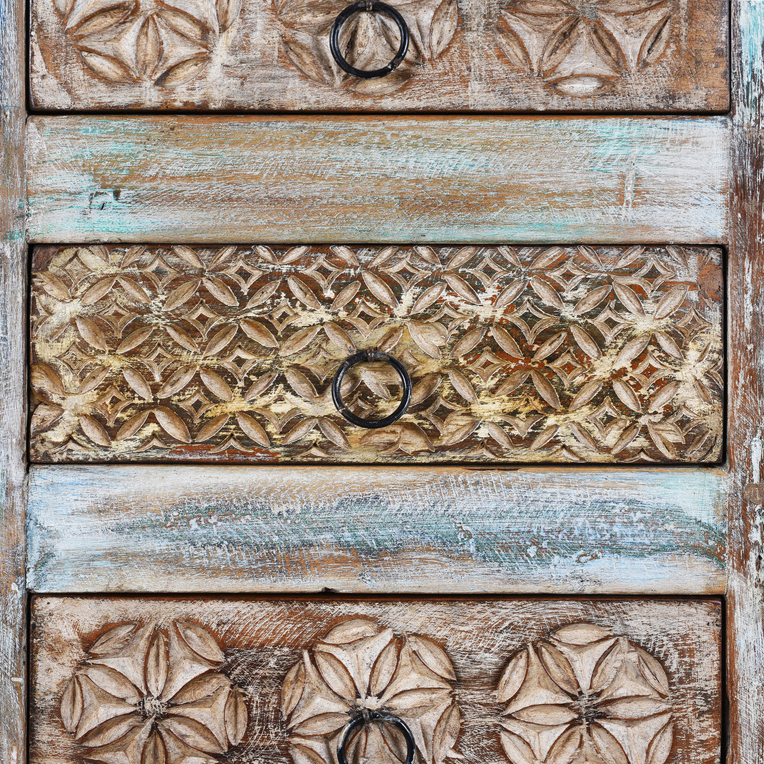 Drawer Detail From Reclaimed Teak Chest Of Drawers With Distressed Paint And Twenty Hand Carved Drawer Fronts | Indigo Antiques