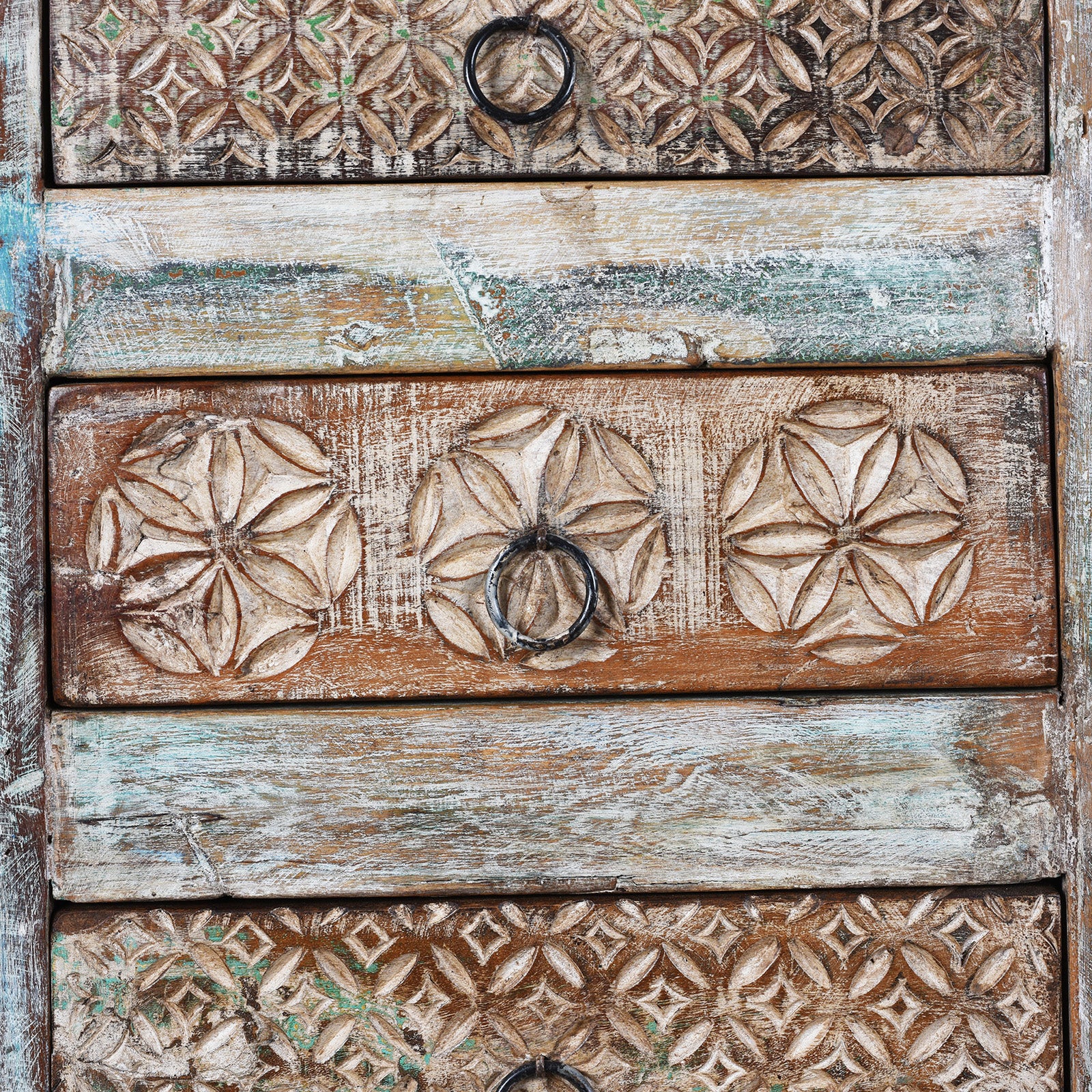 Drawer Detail From Reclaimed Teak Chest Of Drawers With Distressed Paint And Twenty Hand Carved Drawer Fronts | Indigo Antiques