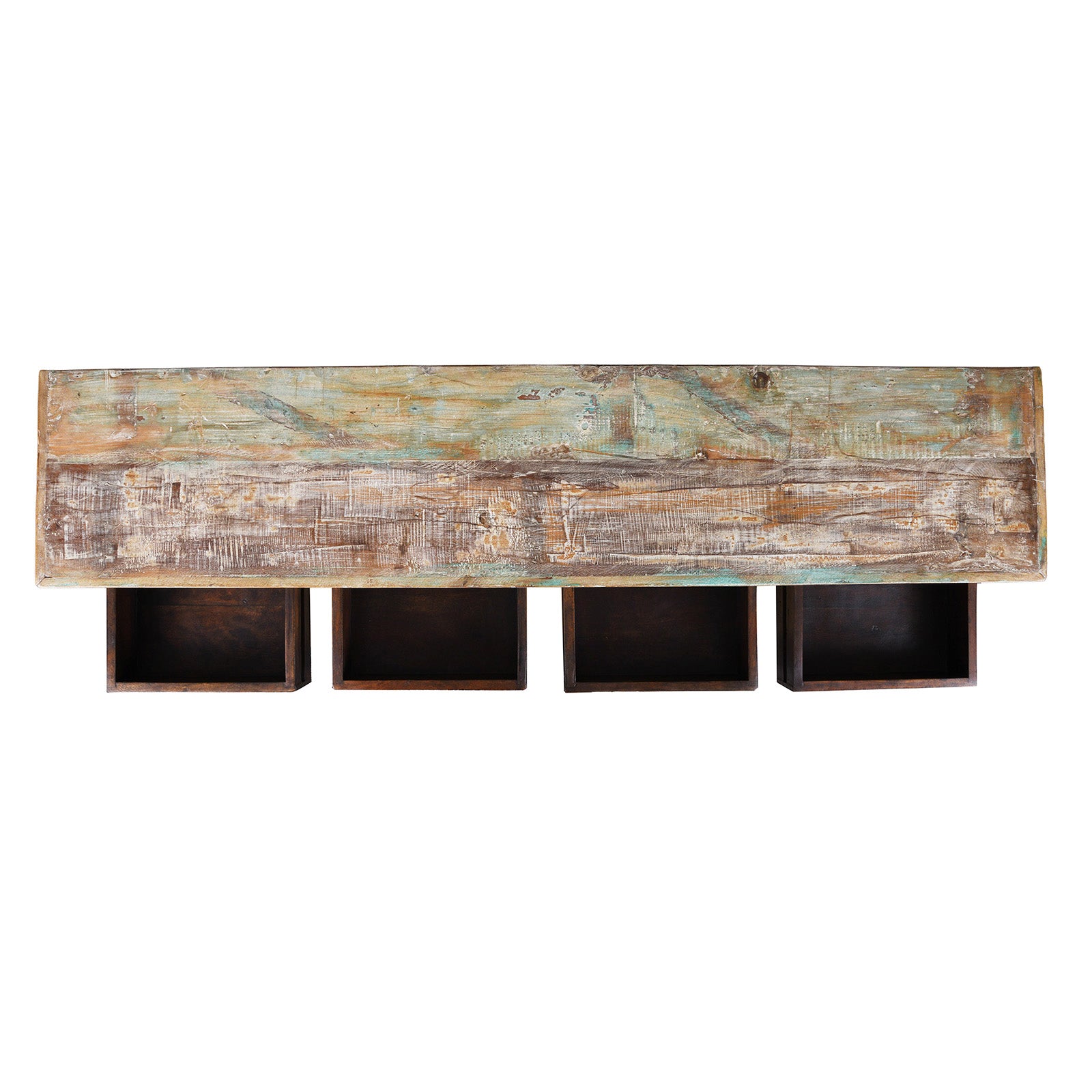 Top Down View Of Reclaimed Teak Chest Of Drawers With Distressed Paint And Twenty Hand Carved Drawer Fronts | Indigo Antiques