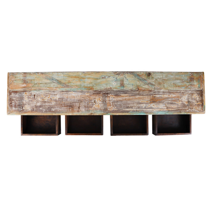 Top Down View Of Reclaimed Teak Chest Of Drawers With Distressed Paint And Twenty Hand Carved Drawer Fronts | Indigo Antiques