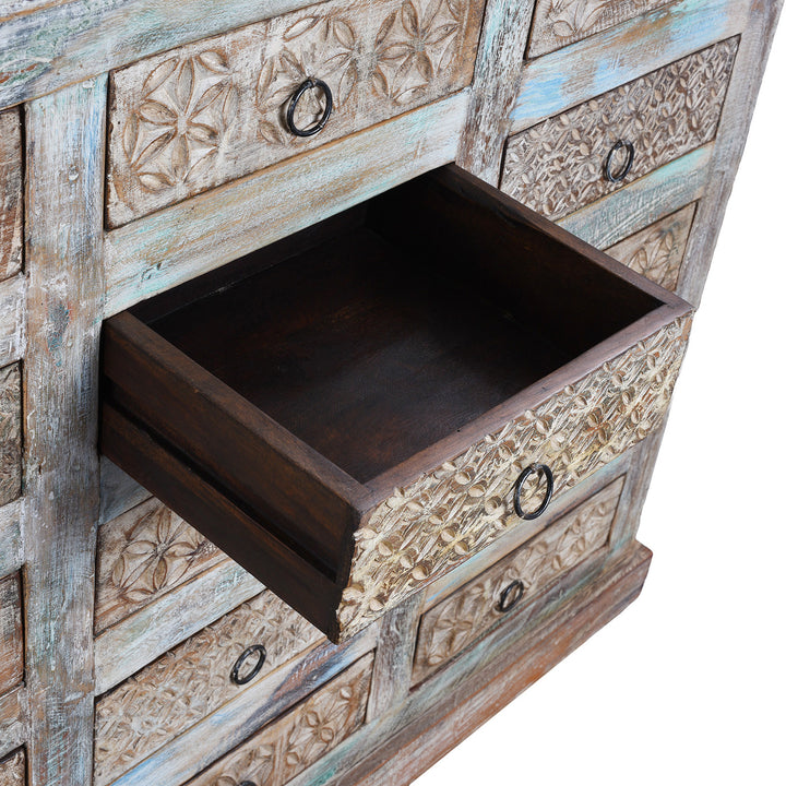 Drawer Interior Detail From Reclaimed Teak Chest Of Drawers With Distressed Paint And Twenty Hand Carved Drawer Fronts | Indigo Antiques