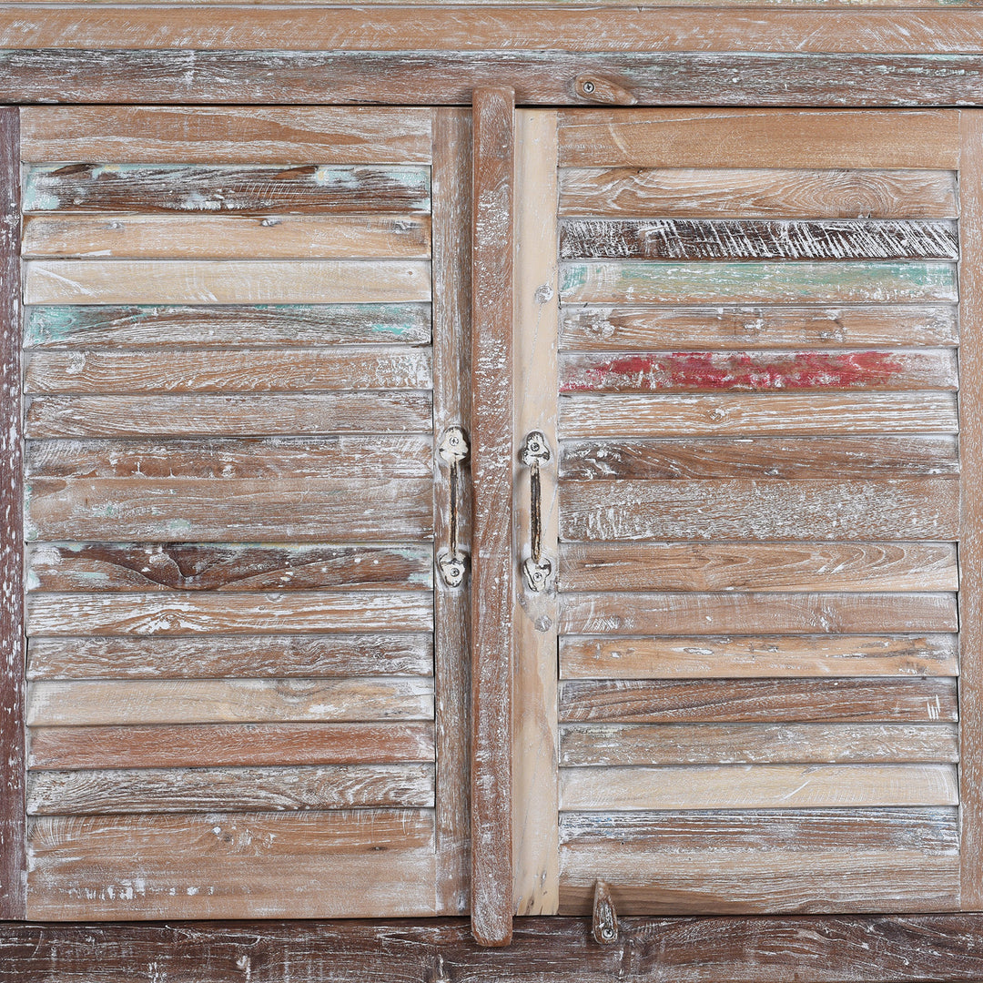 Doors Detail From Painted Reclaimed Teak Louvre Sideboard Made From Old Indian Window Shutters With Distressed Finish | Indigo Antiques