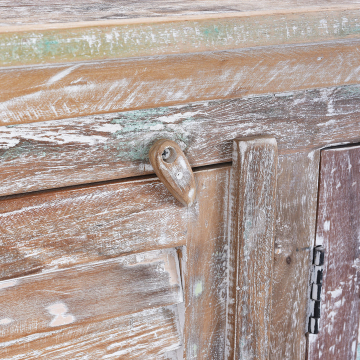 Latch Detail From Painted Reclaimed Teak Louvre Sideboard Made From Old Indian Window Shutters With Distressed Finish | Indigo Antiques