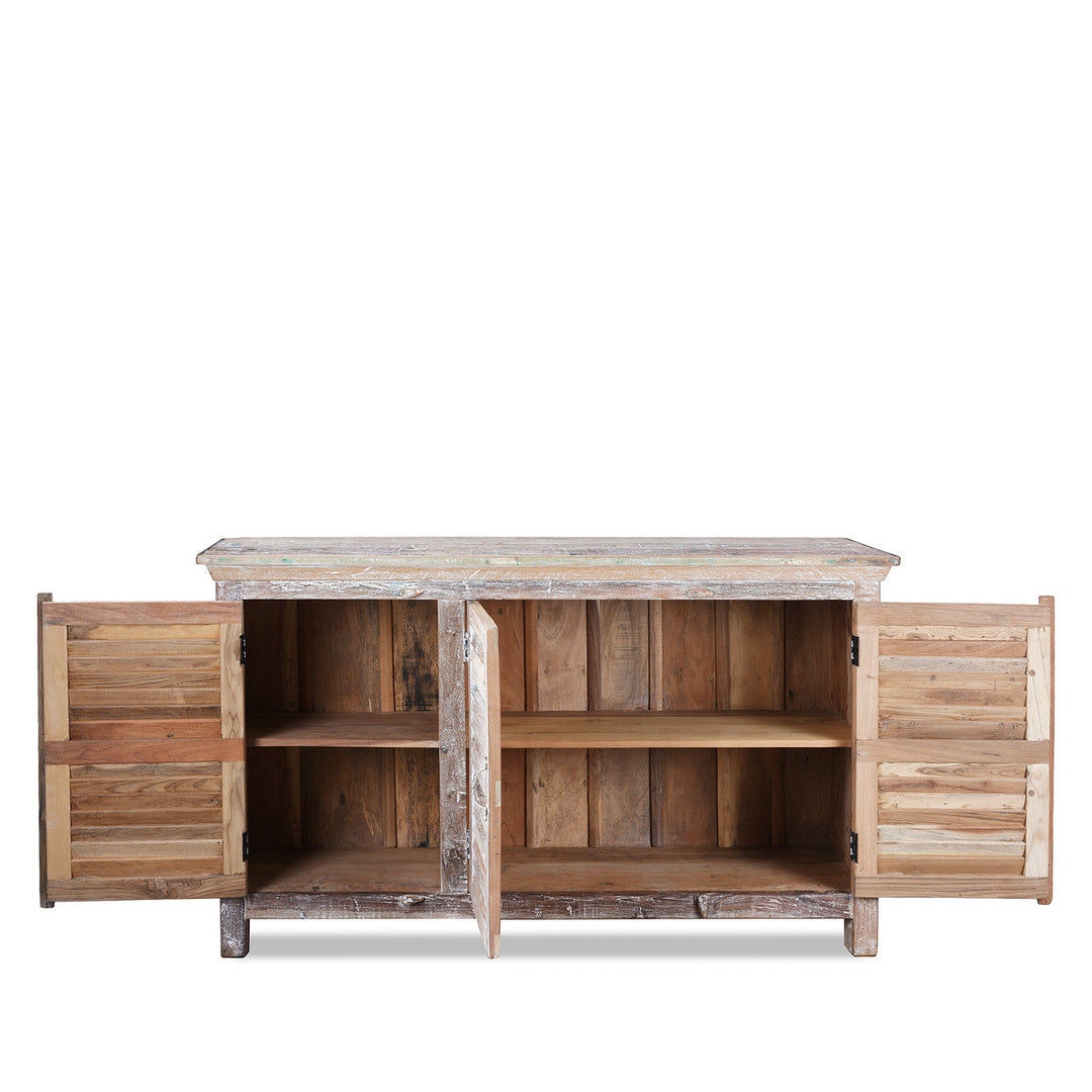 Interior View Of Painted Reclaimed Teak Louvre Sideboard Made From Old Indian Window Shutters With Distressed Finish | Indigo Antiques