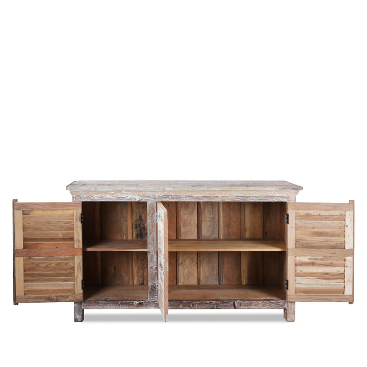 Interior View Of Painted Reclaimed Teak Louvre Sideboard Made From Old Indian Window Shutters With Distressed Finish | Indigo Antiques