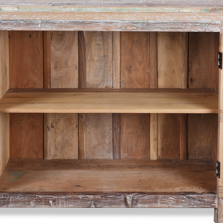 Interior Detail From Painted Reclaimed Teak Louvre Sideboard Made From Old Indian Window Shutters With Distressed Finish | Indigo Antiques