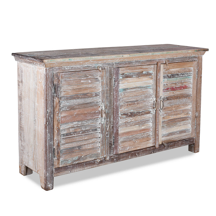 Angled View Of Painted Reclaimed Teak Louvre Sideboard Made From Old Indian Window Shutters With Distressed Finish | Indigo Antiques
