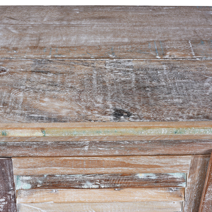 Detail From Top Of Painted Reclaimed Teak Louvre Sideboard Made From Old Indian Window Shutters With Distressed Finish | Indigo Antiques