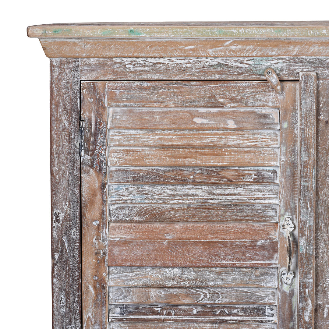 Corner Detail From Painted Reclaimed Teak Louvre Sideboard Made From Old Indian Window Shutters With Distressed Finish | Indigo Antiques