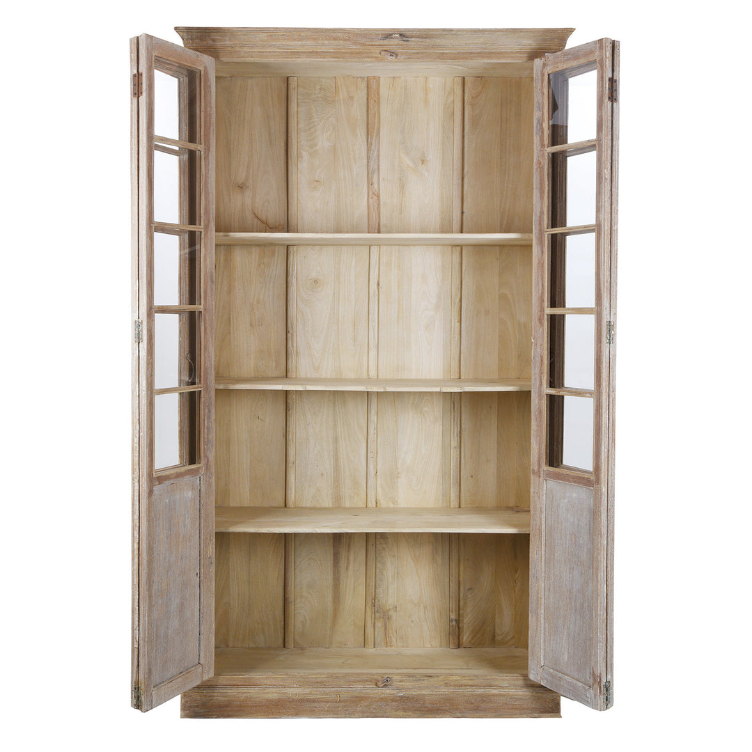 Open View Of Reclaimed Teak Glazed Cabinet With Four Glass Doors And Internal Shelving