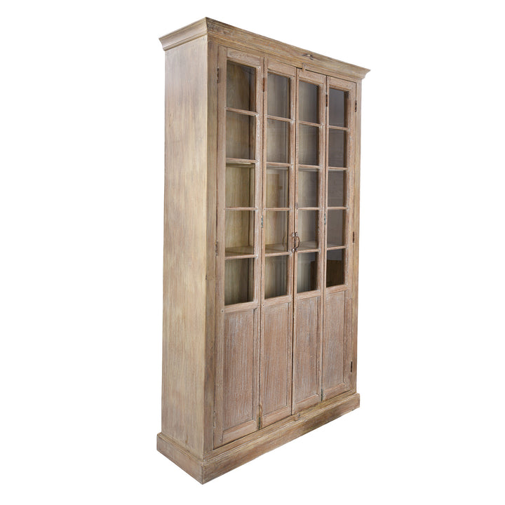 Angled VIew Of Reclaimed Teak Glazed Cabinet With Four Glass Doors And Internal Shelving