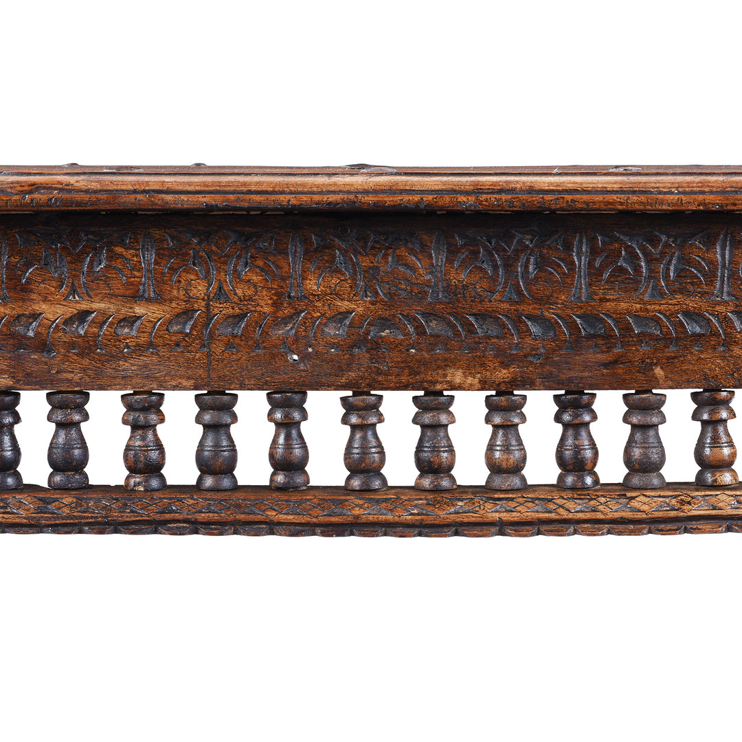 Carving Detail From Antique Shekhawati Takhat Coffee Table Angled View With Carved Apron And Turned Feet