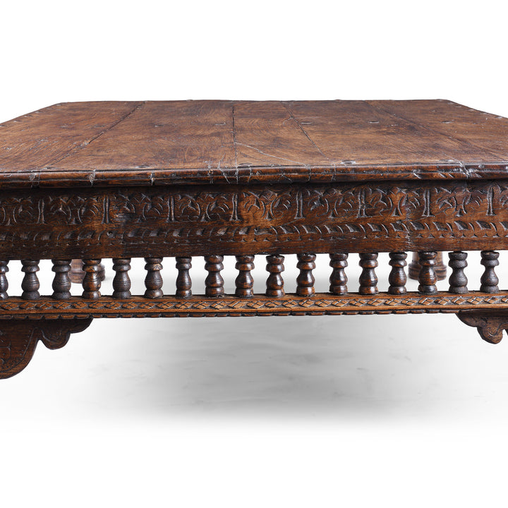 End Detail From Antique Shekhawati Takhat Coffee Table Angled View With Carved Apron And Turned Feet