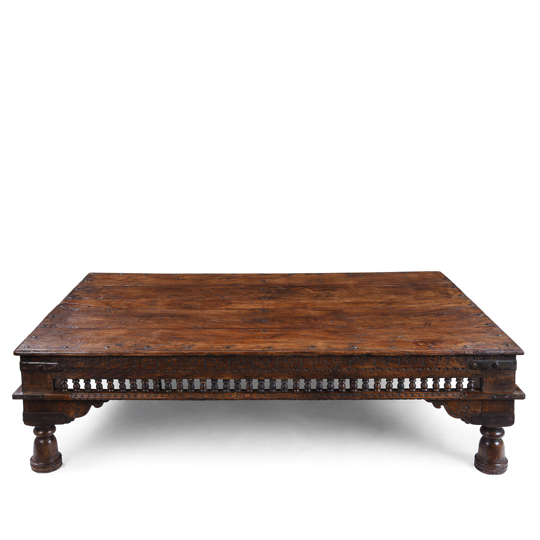 Antique Shekhawati Takhat Coffee Table Angled View With Carved Apron And Turned Feet