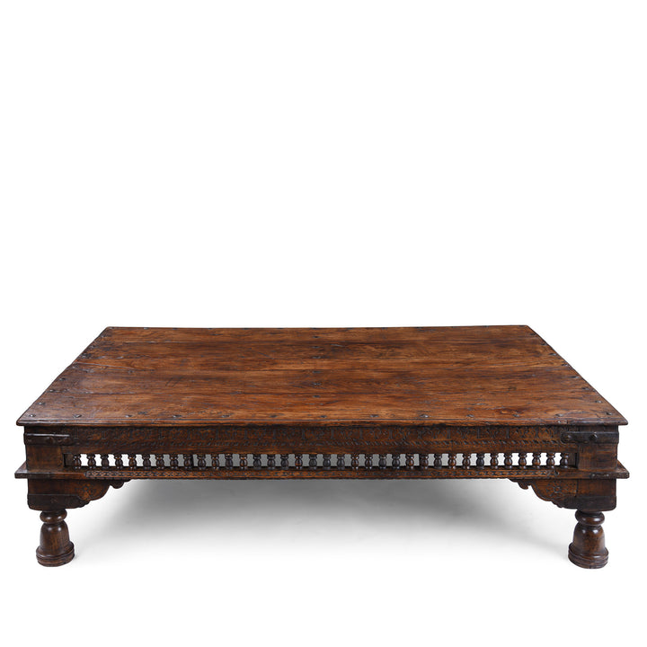 Antique Shekhawati Takhat Coffee Table Angled View With Carved Apron And Turned Feet