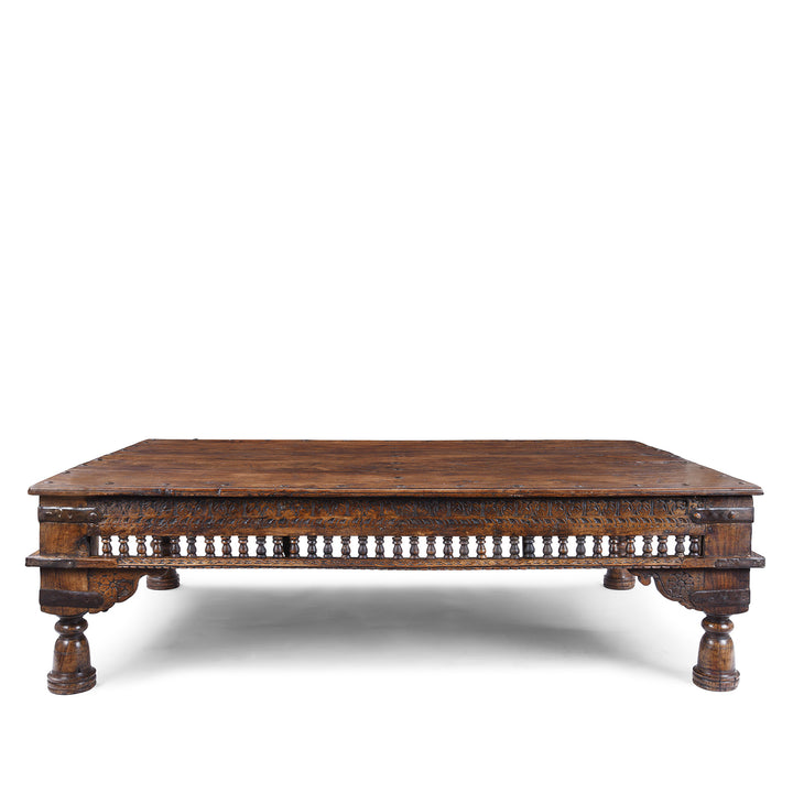 Antique Shekhawati Takhat Coffee Table Angled View With Carved Apron And Turned Feet
