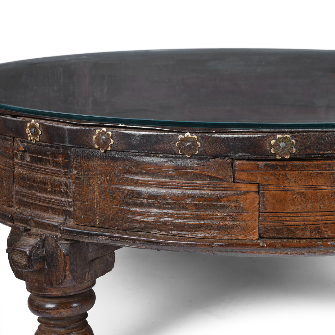 Glass Top Detail From Antique Indian Chakki Coffee Table From Rajasthan | Indigo Antiques