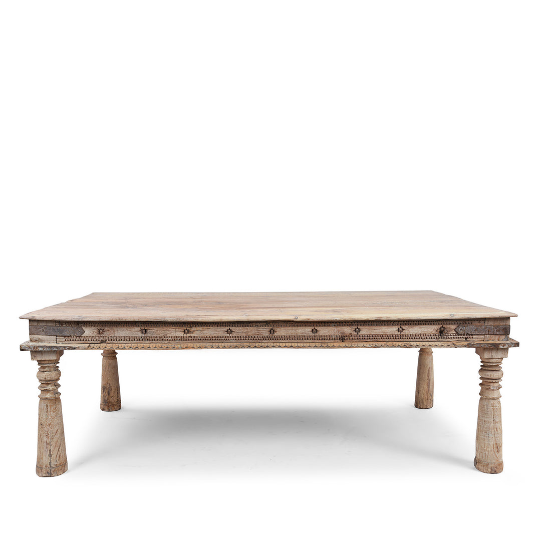 Bleached 19th Century Teak Takhat Table From Hyderabad With Hand Carved Star Motifs And Turned Legs | Indigo Antiques