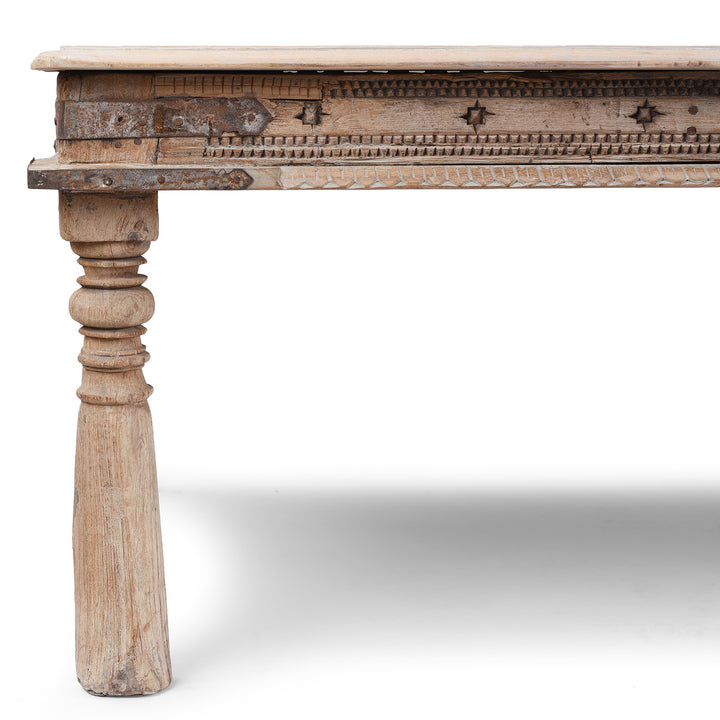 Corner Detail From Bleached 19th Century Teak Takhat Table From Hyderabad With Hand Carved Star Motifs And Turned Legs | Indigo Antiques