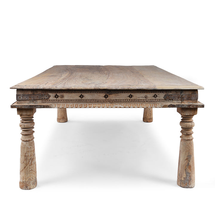 End View Of Bleached 19th Century Teak Takhat Table From Hyderabad With Hand Carved Star Motifs And Turned Legs | Indigo Antiques