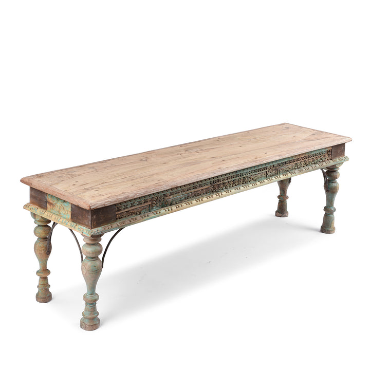Angled View Of Indian Reclaimed Teak Bench | Indigo Antiques
