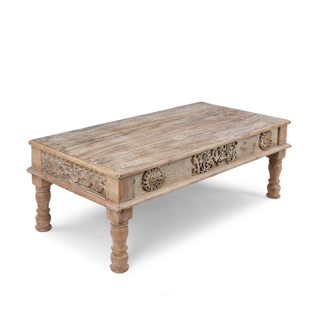 Angled View Of Reclaimed Teak Takhat Style Coffee Table Made From Salvaged Indian Architectural Wood With Carved Detailing