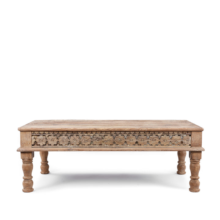 Other Side Of Reclaimed Teak Takhat Style Coffee Table Made From Salvaged Indian Architectural Wood With Carved Detailing