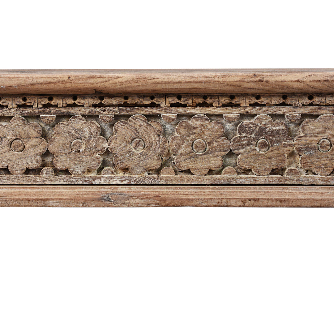 Carving Detail From Reclaimed Teak Takhat Style Coffee Table Made From Salvaged Indian Architectural Wood With Carved Detailing