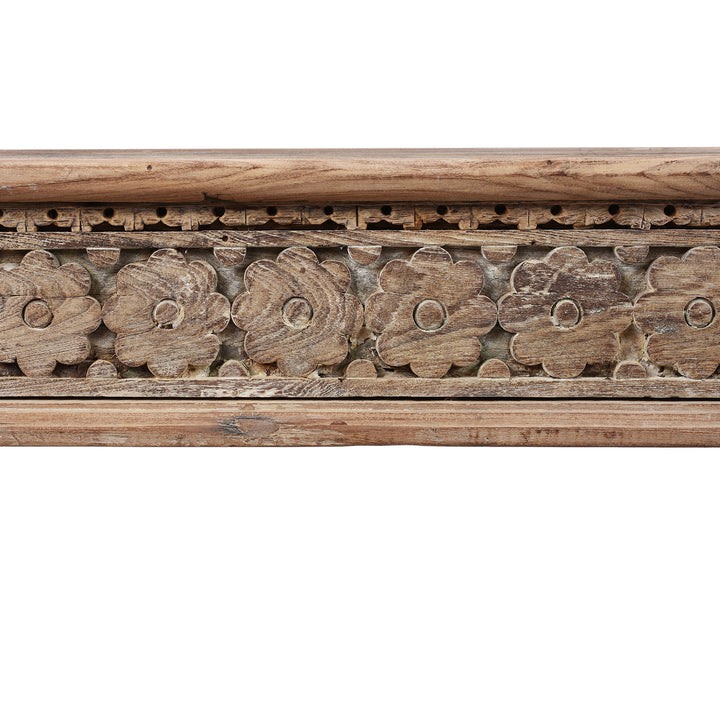 Carving Detail From Reclaimed Teak Takhat Style Coffee Table Made From Salvaged Indian Architectural Wood With Carved Detailing