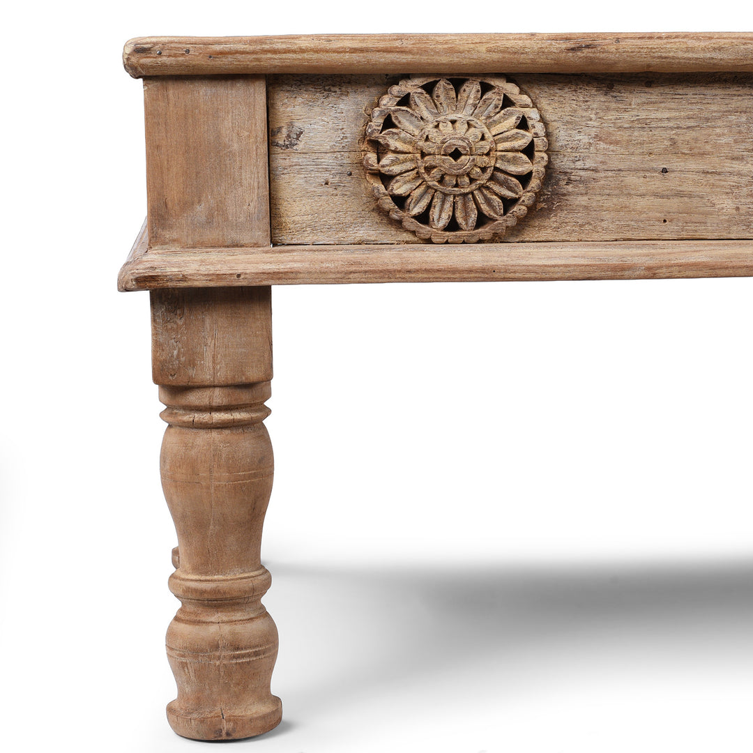 Corner Detail From Reclaimed Teak Takhat Style Coffee Table Made From Salvaged Indian Architectural Wood With Carved Detailing