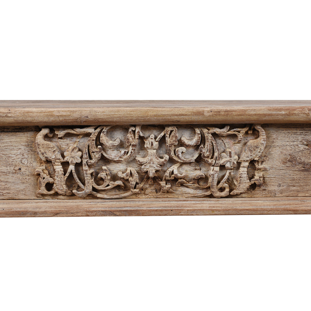 Carving Detail From Reclaimed Teak Takhat Style Coffee Table Made From Salvaged Indian Architectural Wood With Carved Detailing