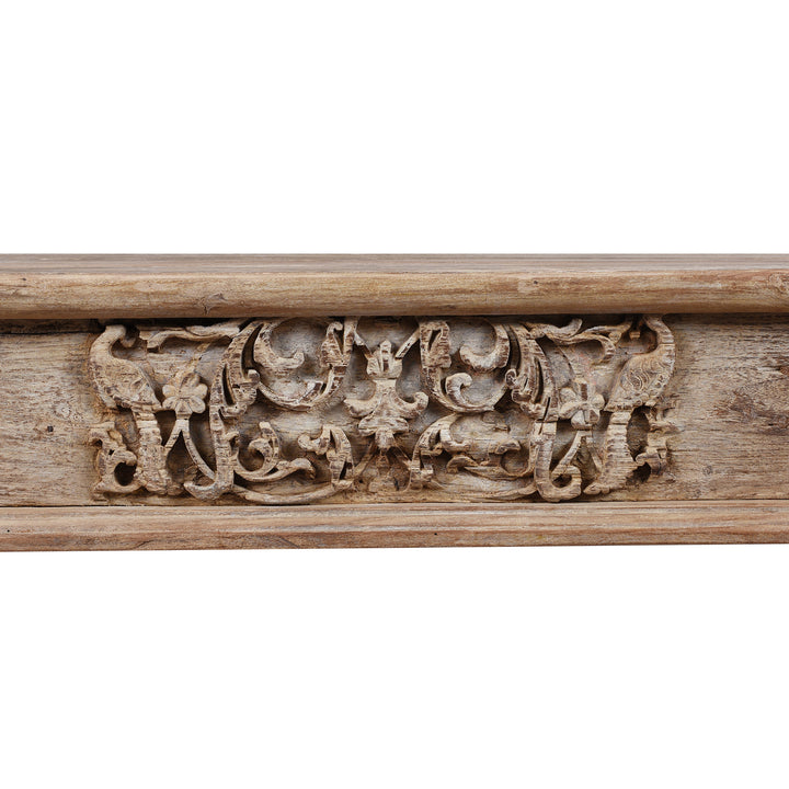 Carving Detail From Reclaimed Teak Takhat Style Coffee Table Made From Salvaged Indian Architectural Wood With Carved Detailing