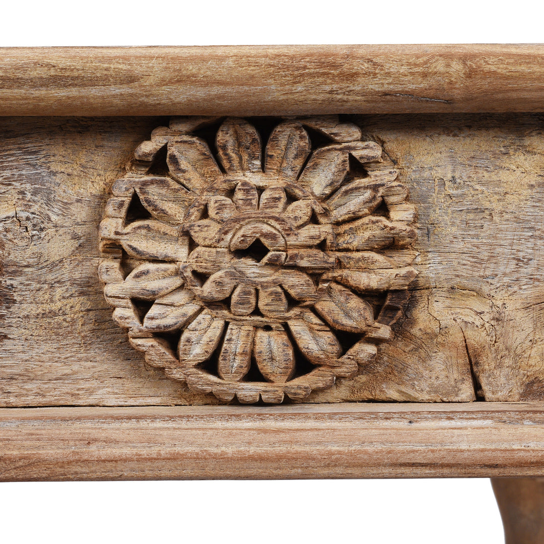 Carving Detail From Reclaimed Teak Takhat Style Coffee Table Made From Salvaged Indian Architectural Wood With Carved Detailing