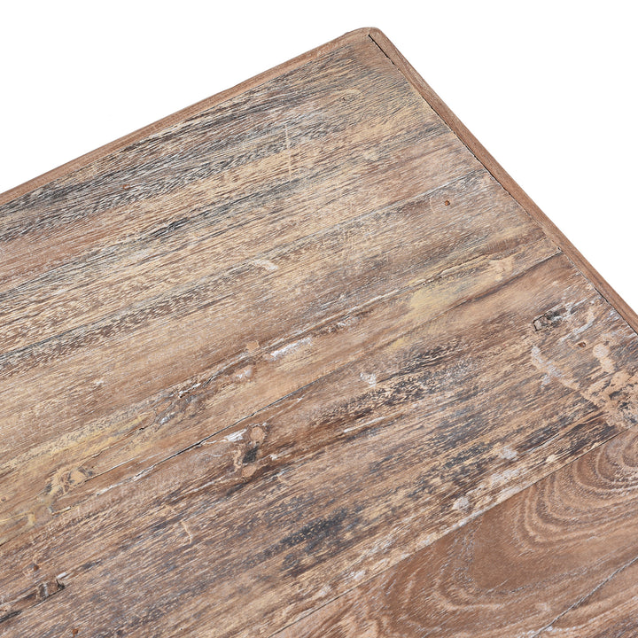 Top Corner Detail From Reclaimed Teak Takhat Style Coffee Table Made From Salvaged Indian Architectural Wood With Carved Detailing