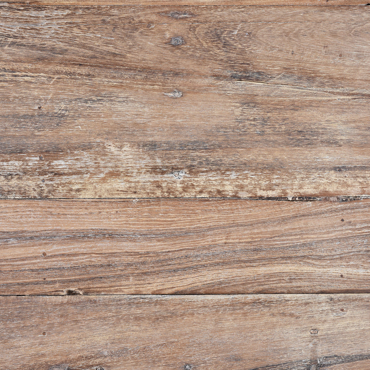 Detail From Surface Of Reclaimed Teak Takhat Style Coffee Table Made From Salvaged Indian Architectural Wood With Carved Detailing
