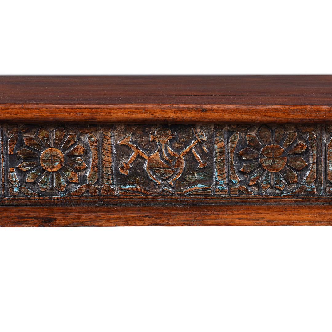 Carving Detail From Reclaimed Wood Coffee Table With Carved Floral Panels And Turned Legs