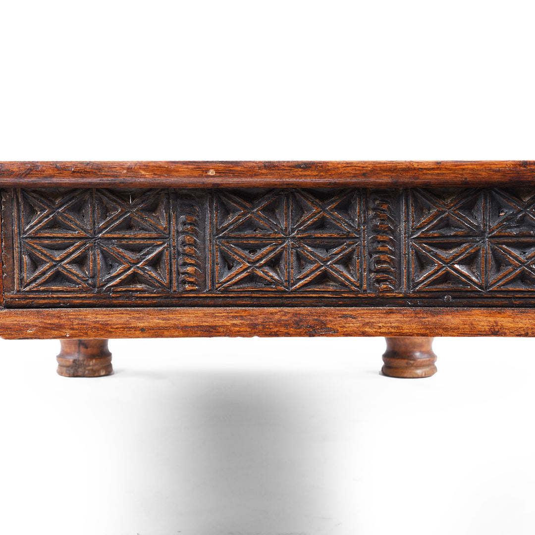 Carving Detail From Reclaimed Wood Coffee Table With Carved Floral Panels And Turned Legs