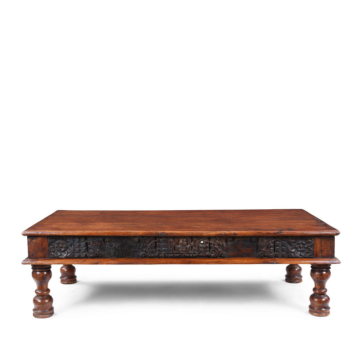 Reclaimed Wood Coffee Table With Carved Floral Panels And Turned Legs