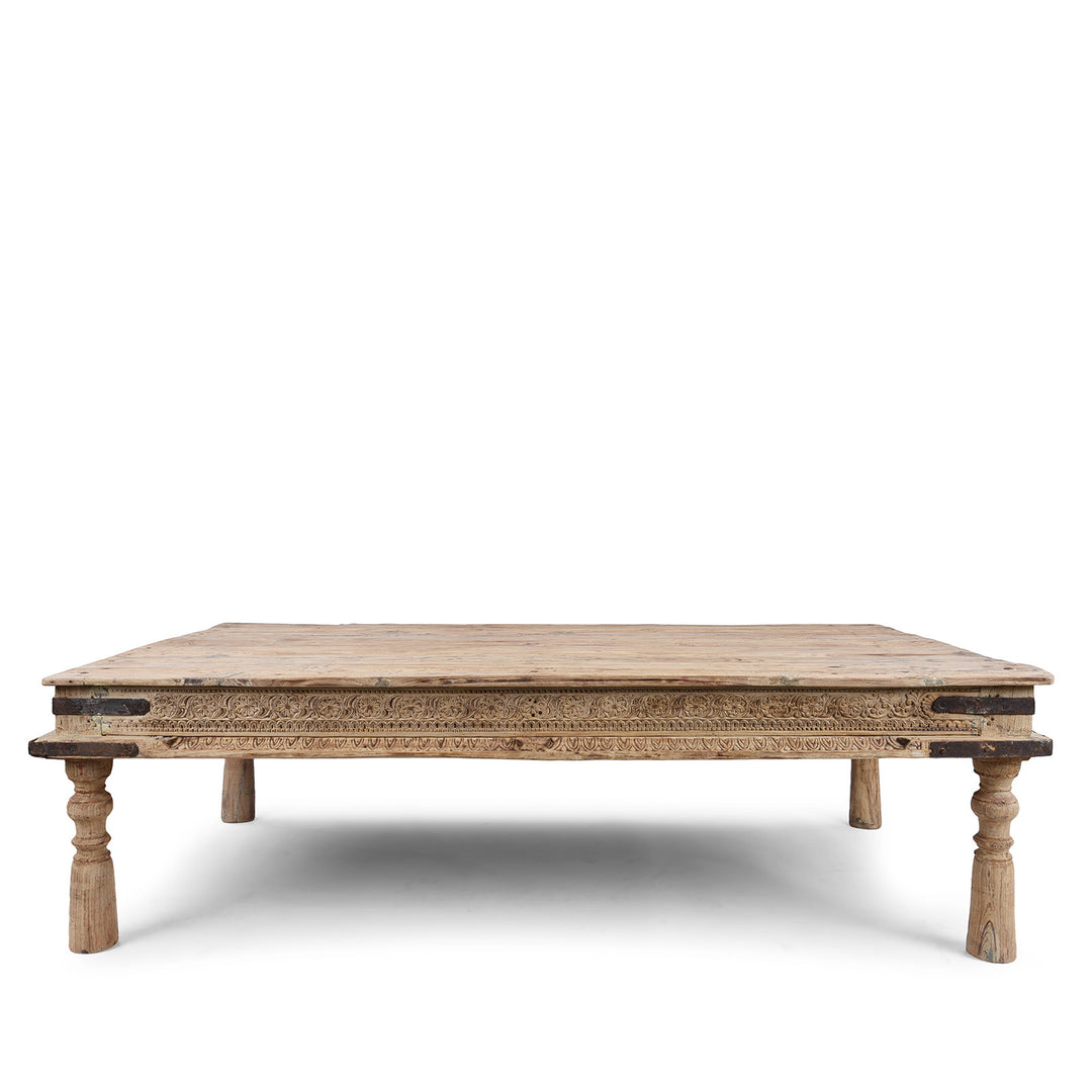 Bleached 19th Century Teak Takhat Daybed From Hyderabad With Hand Carved Floral Frieze And Turned Legs | Indigo Antiques