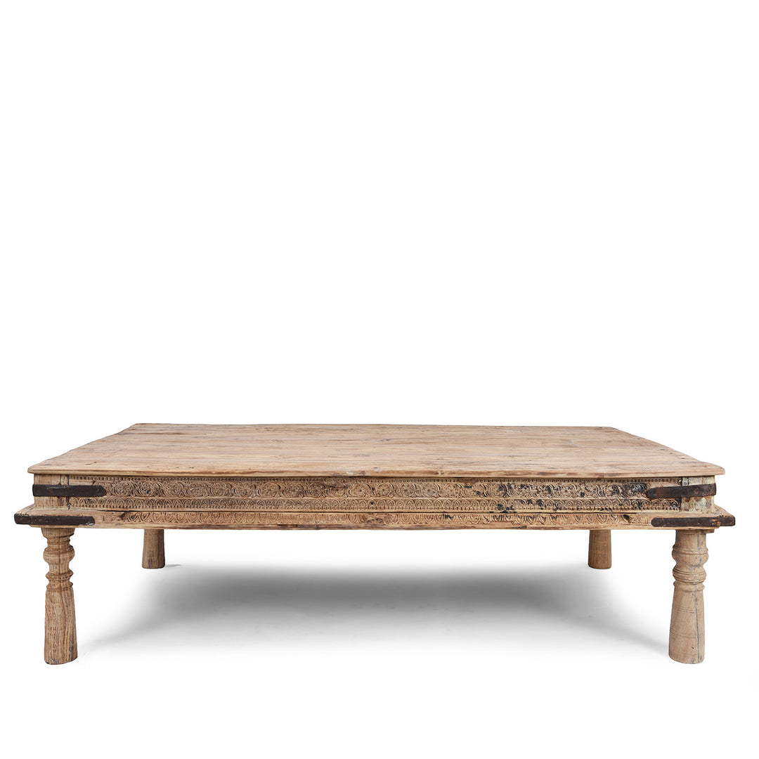 Bleached 19th Century Teak Takhat Daybed From Hyderabad With Hand Carved Floral Frieze And Turned Legs | Indigo Antiques