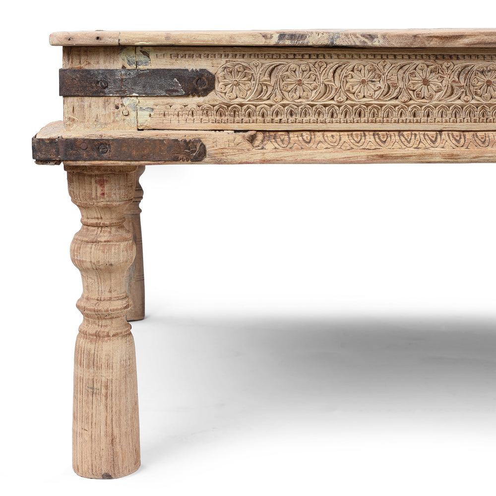 Leg And Carving Detail From Bleached 19th Century Teak Takhat Daybed From Hyderabad With Hand Carved Floral Frieze And Turned Legs | Indigo Antiques