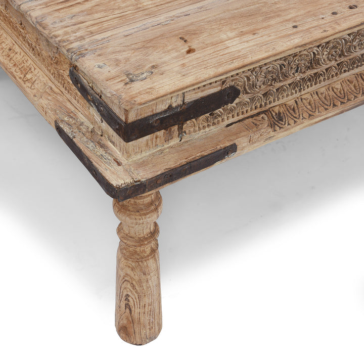 Corner Detail From Bleached 19th Century Teak Takhat Daybed From Hyderabad With Hand Carved Floral Frieze And Turned Legs | Indigo Antiques