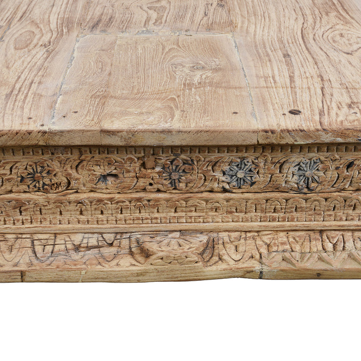 Carving Detail From Bleached 19th Century Teak Takhat Daybed From Hyderabad With Hand Carved Floral Frieze And Turned Legs | Indigo Antiques