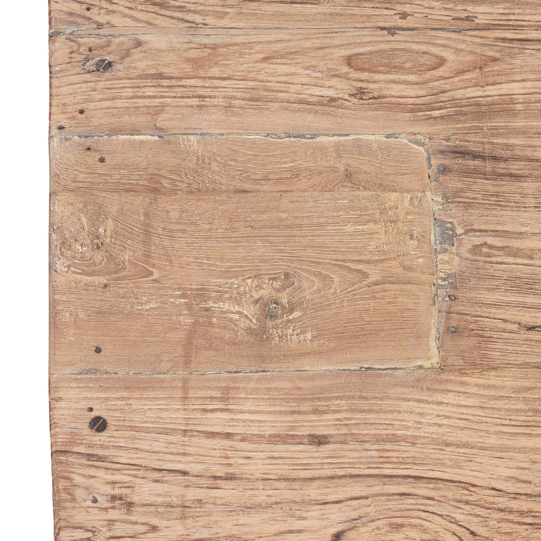 Patch Detail From Bleached 19th Century Teak Takhat Daybed From Hyderabad With Hand Carved Floral Frieze And Turned Legs | Indigo Antiques