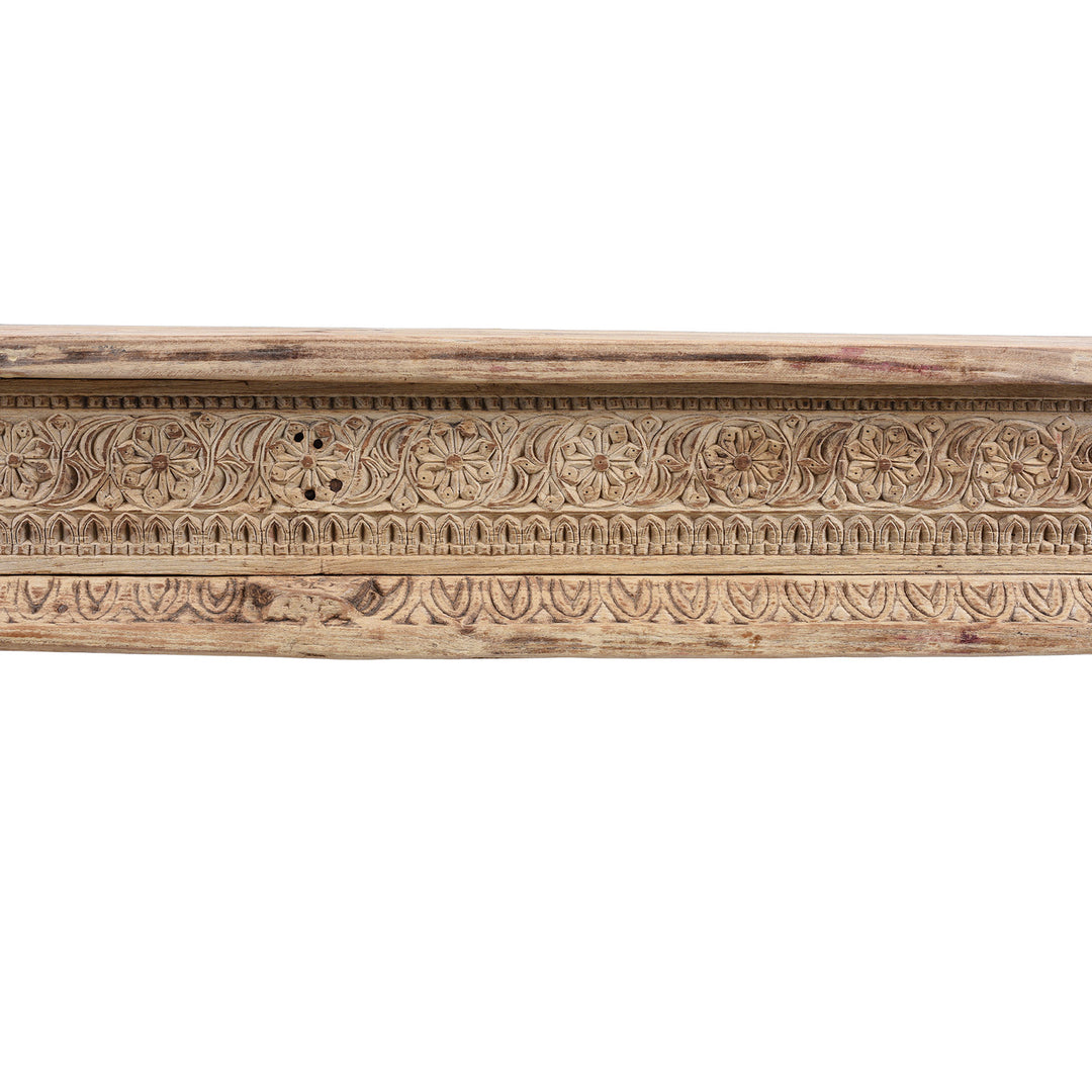 Carving Detail From Bleached 19th Century Teak Takhat Daybed From Hyderabad With Hand Carved Floral Frieze And Turned Legs | Indigo Antiques