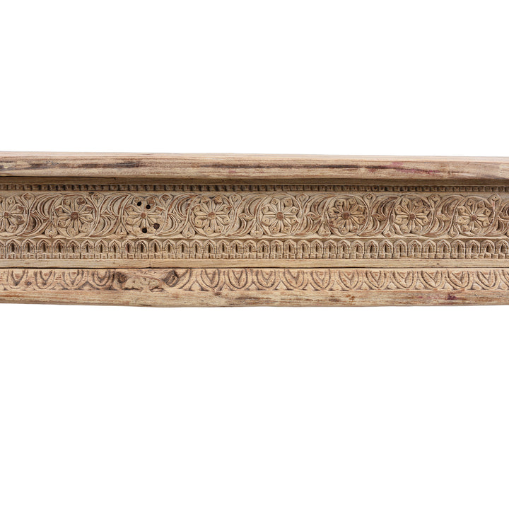 Carving Detail From Bleached 19th Century Teak Takhat Daybed From Hyderabad With Hand Carved Floral Frieze And Turned Legs | Indigo Antiques