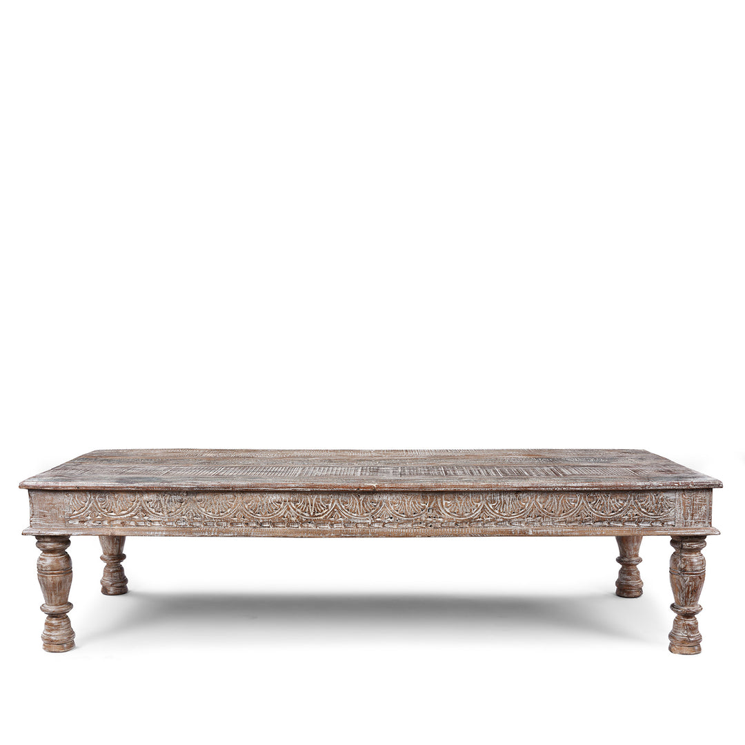 Reclaimed Teak Takhat Coffee Table Made From Antique Indian Architectural Wood With Distressed Finish And Carved Apron