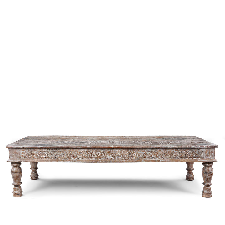 Reclaimed Teak Takhat Coffee Table Made From Antique Indian Architectural Wood With Distressed Finish And Carved Apron